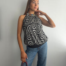 Load image into Gallery viewer, Black and white swirl halter top with beaded neckline size 14
