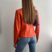 Load image into Gallery viewer, Orange leather zip up jacket size small
