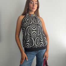 Load image into Gallery viewer, Black and white swirl halter top with beaded neckline size 14
