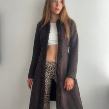 Load image into Gallery viewer, Chocolate brown long faux suede coat with faux fur trim size small
