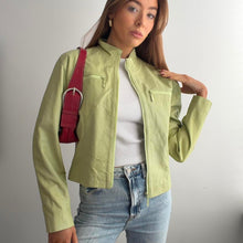 Load image into Gallery viewer, Bright green zip up leather jacket size S/M
