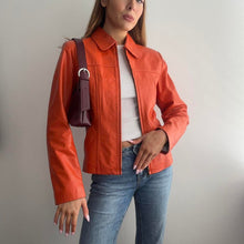 Load image into Gallery viewer, Orange leather zip up jacket size small
