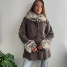 Load image into Gallery viewer, Brown duffle coat with faux fur collar and cuffs size large
