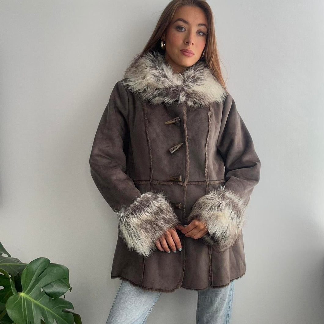 Brown duffle coat with faux fur collar and cuffs size large