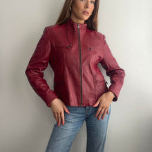 Load image into Gallery viewer, Burgundy red genuine leather biker jacket zip up design size large
