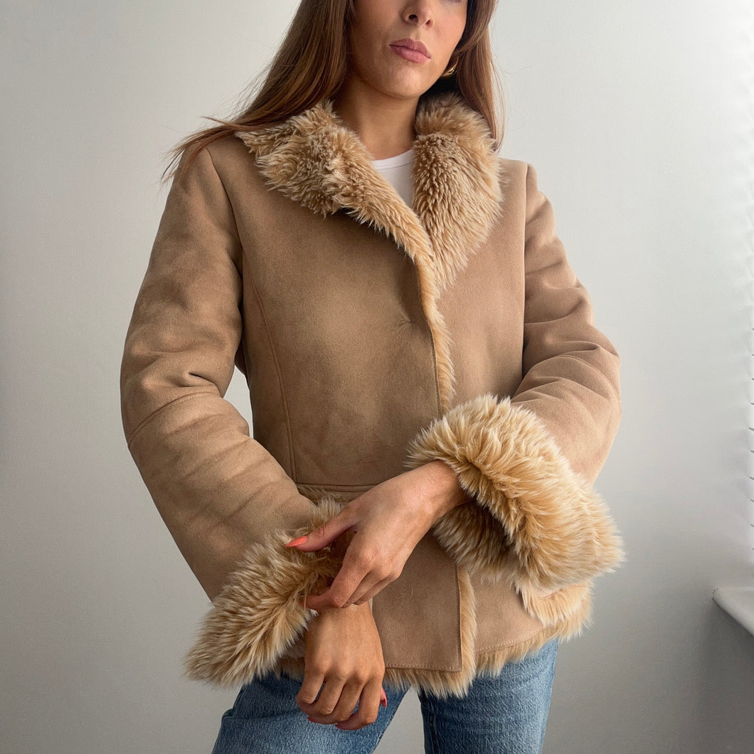 Tan brown jacket with faux fur collar and cuffs size 10