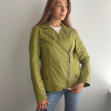 Load image into Gallery viewer, Green leather biker jacket size 14
