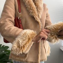 Load image into Gallery viewer, Tan brown jacket with faux fur collar and cuffs size 10
