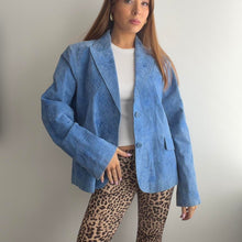 Load image into Gallery viewer, Unique blue embroidered suede blazer jacket size large
