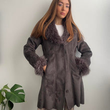 Load image into Gallery viewer, Grey suede coat with faux fur collar and cuffs size small
