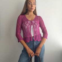 Load image into Gallery viewer, Boho purple crochet cardigan top size small
