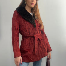 Load image into Gallery viewer, Burgundy red velvet belted coat with faux fur collar size 16
