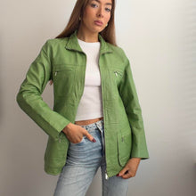Load image into Gallery viewer, Green leather jacket zip up design size XS
