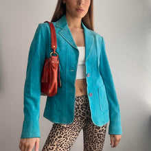 Load image into Gallery viewer, Bright blue / turquoise suede leather blazer jacket size 10
