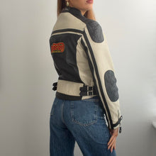 Load image into Gallery viewer, Black and cream leather biker racing jacket size small
