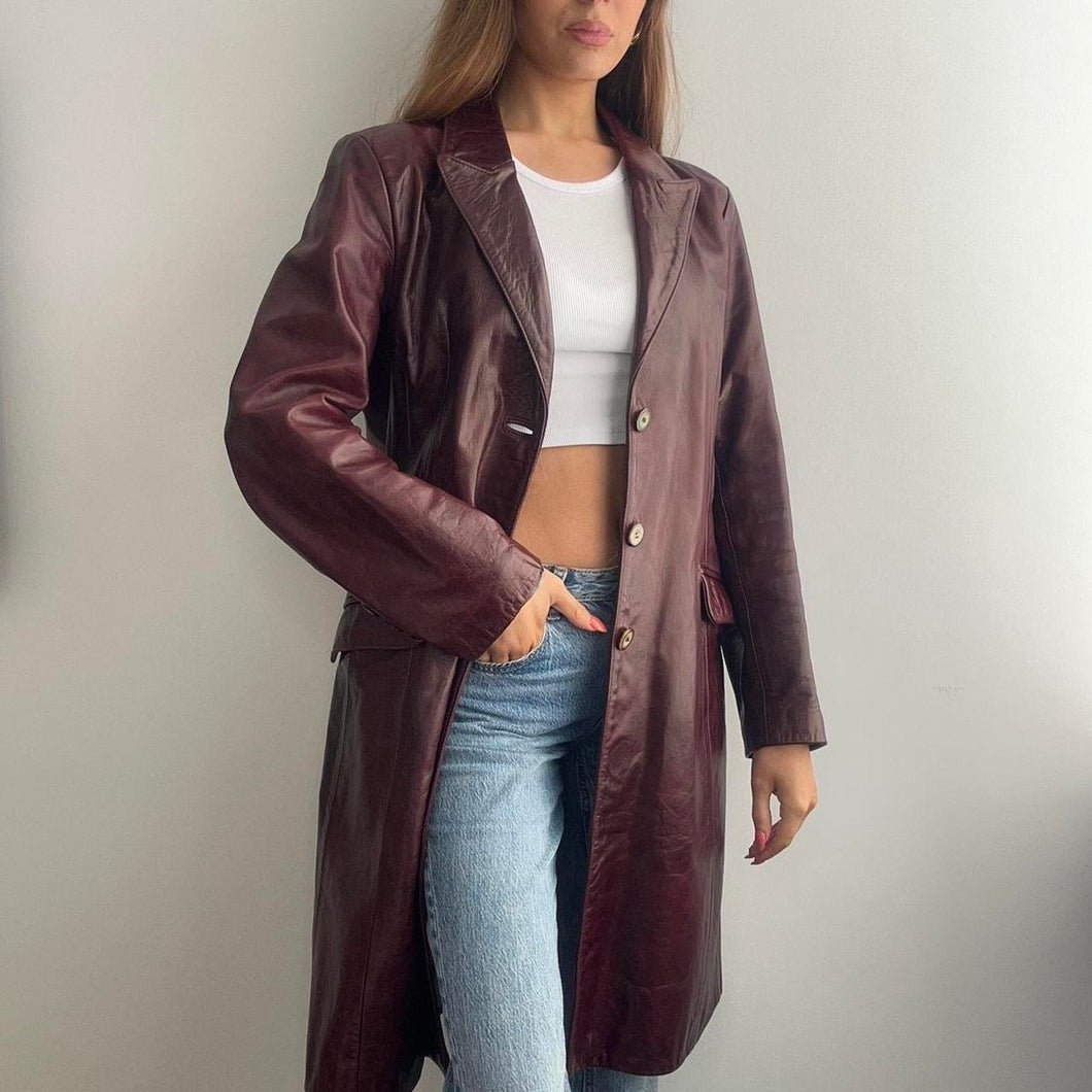 Burgundy red long line leather jacket size large