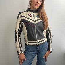 Load image into Gallery viewer, Black and cream leather biker racing jacket size small
