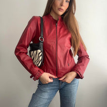 Load image into Gallery viewer, Red faux leather biker jacket size 12
