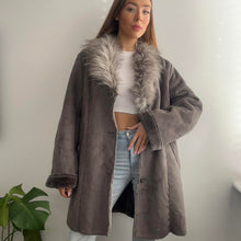 Load image into Gallery viewer, Grey suede coat with faux fur collar size 16/18
