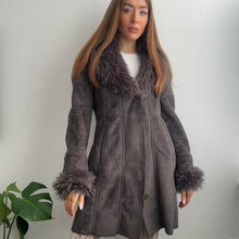 Load image into Gallery viewer, Grey suede coat with faux fur collar and cuffs size small
