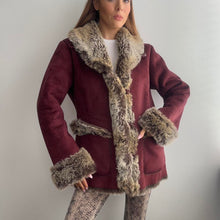 Load image into Gallery viewer, Burgundy red faux suede coat with brown faux fur size small

