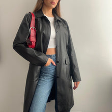 Load image into Gallery viewer, Black long faux leather jacket size 14
