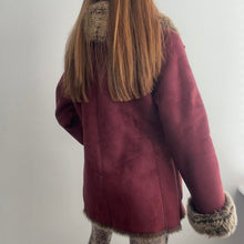 Load image into Gallery viewer, Burgundy red faux suede coat with brown faux fur size small
