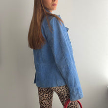 Load image into Gallery viewer, Unique blue embroidered suede blazer jacket size large

