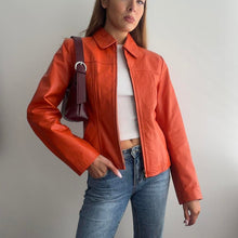 Load image into Gallery viewer, Orange leather zip up jacket size small
