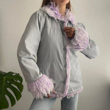 Load image into Gallery viewer, Grey jacket with lilac faux fur size 4
