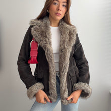 Load image into Gallery viewer, Brown suede jacket with faux fur trim size 10
