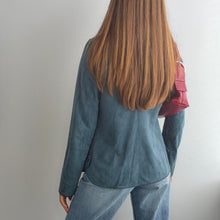 Load image into Gallery viewer, Blue suede leather high neck zip up jacket size XL
