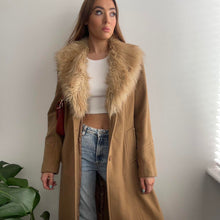 Load image into Gallery viewer, Caramel wool coat with faux fur collar size 14
