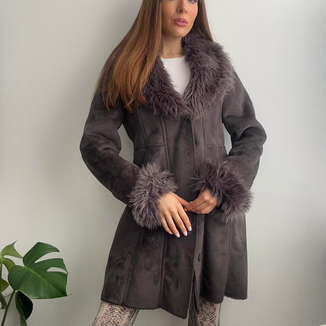 Grey suede coat with faux fur collar and cuffs size small