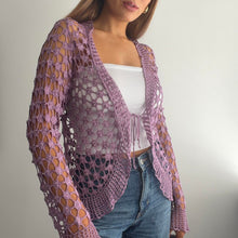 Load image into Gallery viewer, Purple glittery crochet cardigan top size small
