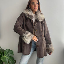 Load image into Gallery viewer, Brown duffle coat with faux fur collar and cuffs size large
