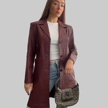 Load image into Gallery viewer, Burgundy red long leather blazer jacket size 18
