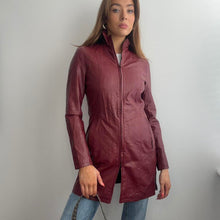 Load image into Gallery viewer, Burgundy long line leather jacket size XS
