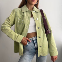Load image into Gallery viewer, Green suede leather jacket with gem stone detail size 12
