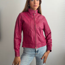Load image into Gallery viewer, Pink leather jacket with high collar size small
