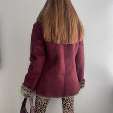 Load image into Gallery viewer, Burgundy red faux suede coat with brown faux fur size small
