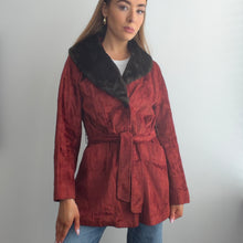 Load image into Gallery viewer, Burgundy red velvet belted coat with faux fur collar size 16
