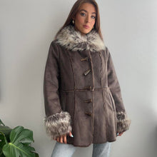 Load image into Gallery viewer, Brown duffle coat with faux fur collar and cuffs size large
