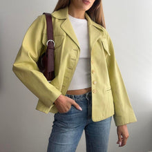 Load image into Gallery viewer, Lemon yellow leather jacket size small

