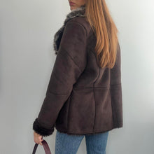 Load image into Gallery viewer, Chocolate brown faux fur and faux suede duffle coat size 18

