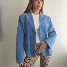 Load image into Gallery viewer, Unique blue embroidered suede blazer jacket size large
