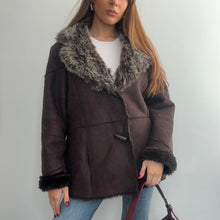 Load image into Gallery viewer, Chocolate brown faux fur and faux suede duffle coat size 18

