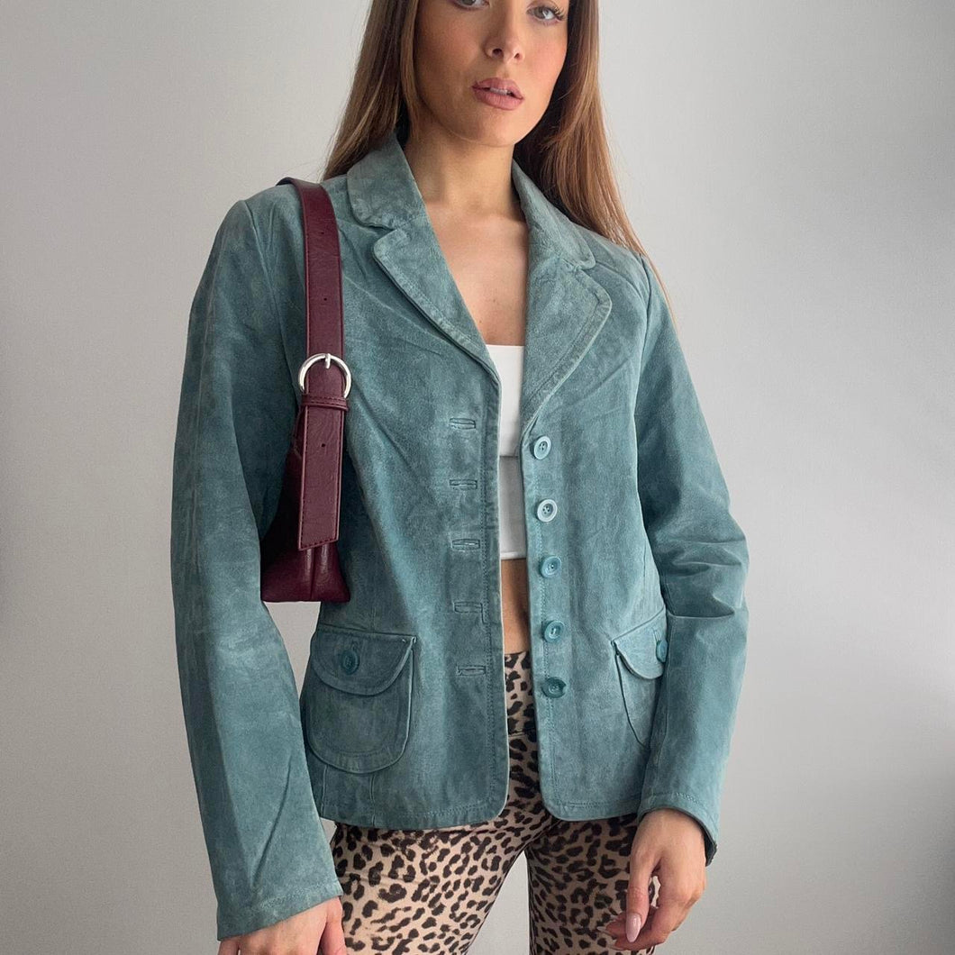 Blue suede leather blazer jacket size 14