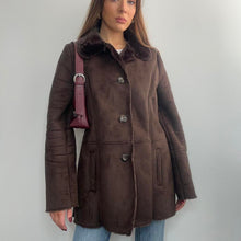 Load image into Gallery viewer, Chocolate brown faux suede and faux fur coat size 14
