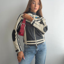 Load image into Gallery viewer, Black and cream leather biker racing jacket size small
